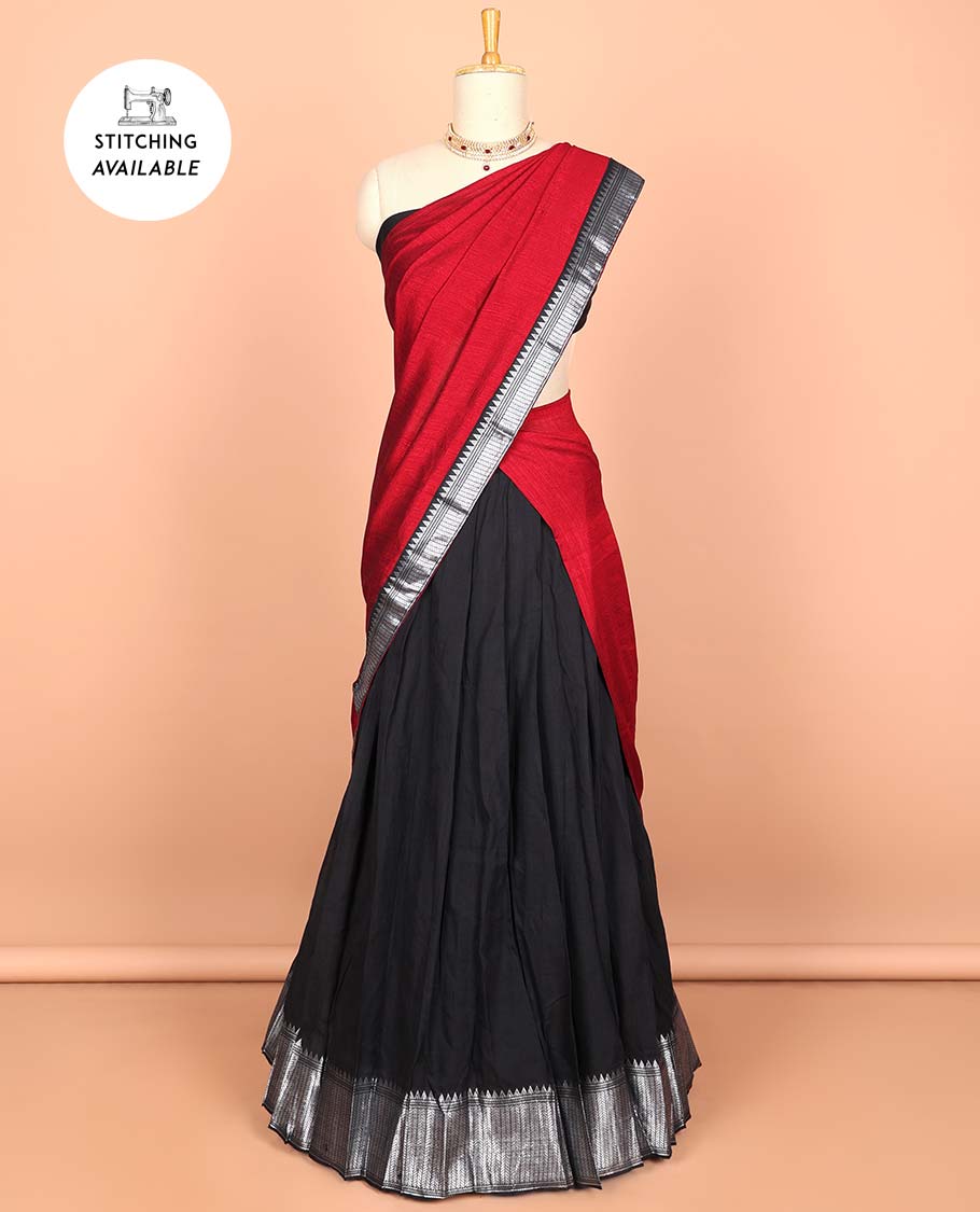 Violet cotton half saree with contrast zari border, plain blouse & plain with zari border dhavani
