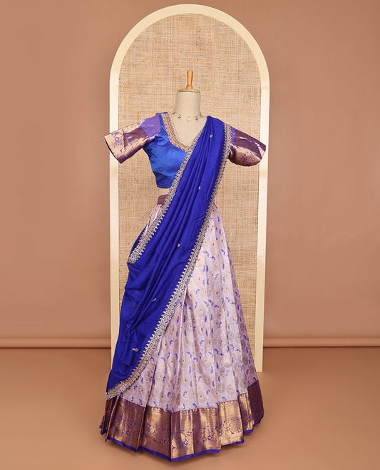 Light purple floral art silk half saree with contrast zari design border, embroidered blouse & floral embroidery dhavani