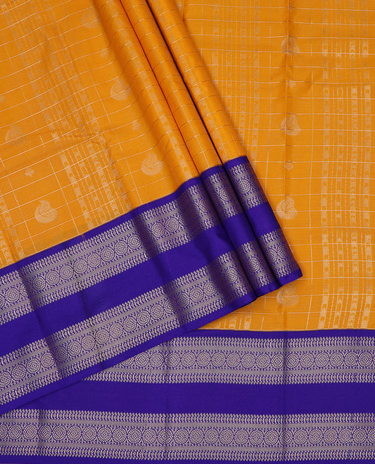 Orange art silk pavadai material set, zari design pavadai with contrast blouse & traditional zari rettai pettu border