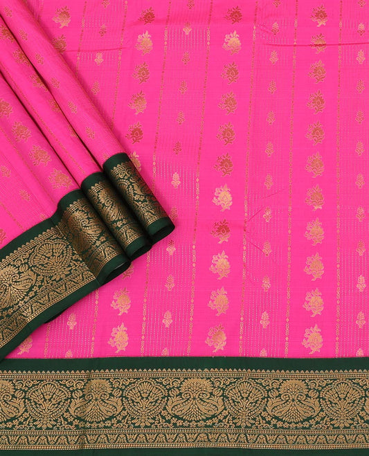 Rani Pink Art Silk Pavadai Material Set, Enriched with Zari Designs Skirt, Complemented by a Contrast Traditional Zari Design Border, and Paired with a Contrast Blouse