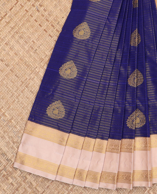Blue zari design budget silk saree, contrast traditional zari rettai pettu border, and zari design pallu