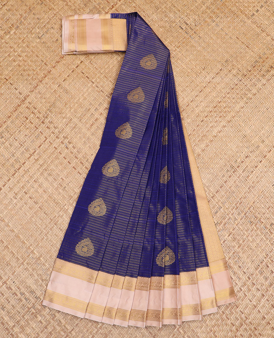 Blue zari design budget silk saree, contrast traditional zari rettai pettu border, and zari design pallu