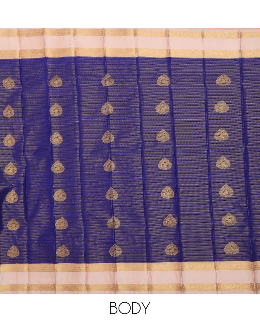 Blue zari design budget silk saree, contrast traditional zari rettai pettu border, and zari design pallu
