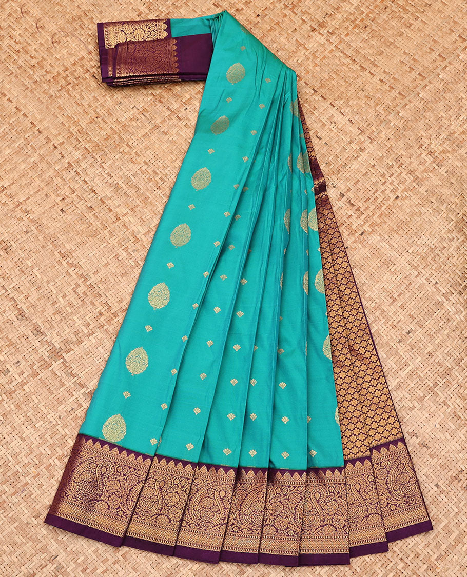 Green Budget Silk Saree, Woven with Zari Buttas All Over Its Body, Complemented by a Contrast Traditional Zari Design Border, Grand Pallu, and Paired with a Contrast Blouse