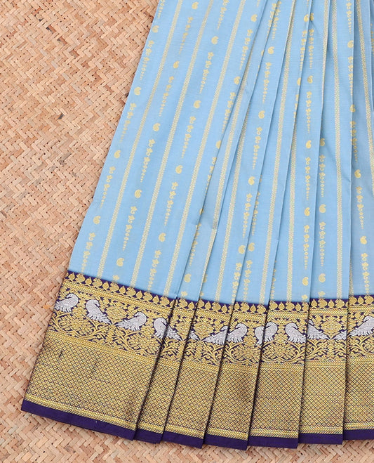 Blue Budget Silk Saree, Richly Detailed with Zari Buttas on Its Body, Complemented by a Contrast Traditional Zari Design Border, Grand Pallu, and Paired with a Contrast Blouse