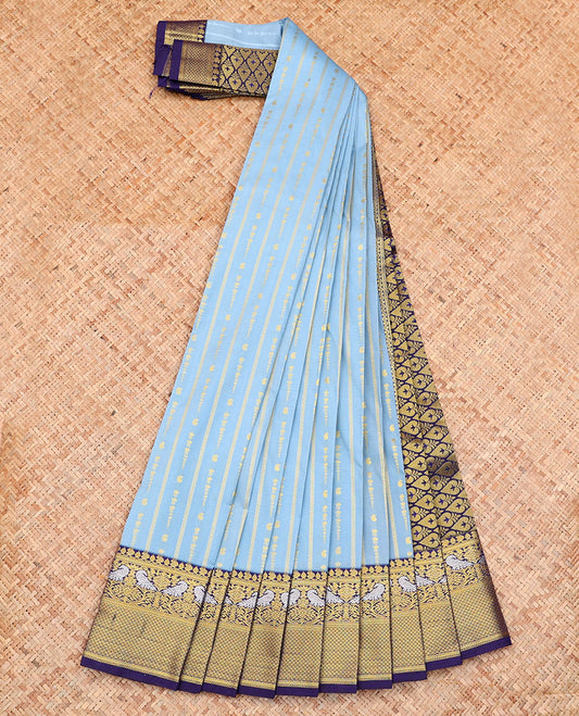 Blue Budget Silk Saree, Richly Detailed with Zari Buttas on Its Body, Complemented by a Contrast Traditional Zari Design Border, Grand Pallu, and Paired with a Contrast Blouse