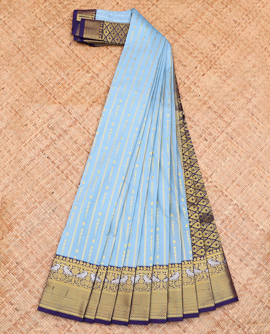 Blue Budget Silk Saree, Richly Detailed with Zari Buttas on Its Body, Complemented by a Contrast Traditional Zari Design Border, Grand Pallu, and Paired with a Contrast Blouse