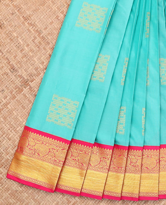 Blue Budget Silk Saree, Subtly Sparkled with Zari Buttas All Over Its Body, Complemented by a Contrast Floral Creeper Zari Design Border, Grand Pallu, and Paired with a Contrast Blouse
