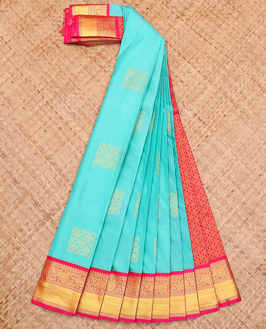 Blue Budget Silk Saree, Subtly Sparkled with Zari Buttas All Over Its Body, Complemented by a Contrast Floral Creeper Zari Design Border, Grand Pallu, and Paired with a Contrast Blouse