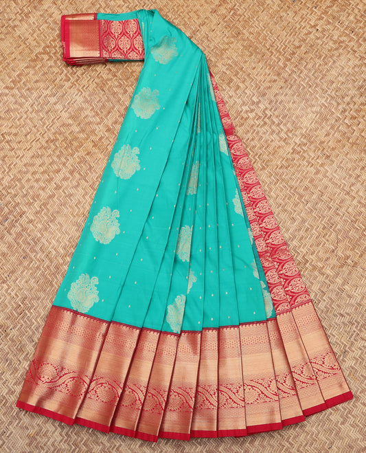 Turquoise Budget Silk Saree, Enriched with Zari Buttas, Complemented by a Contrast Traditional Border, Grand Pallu, and a Contrast Blouse
