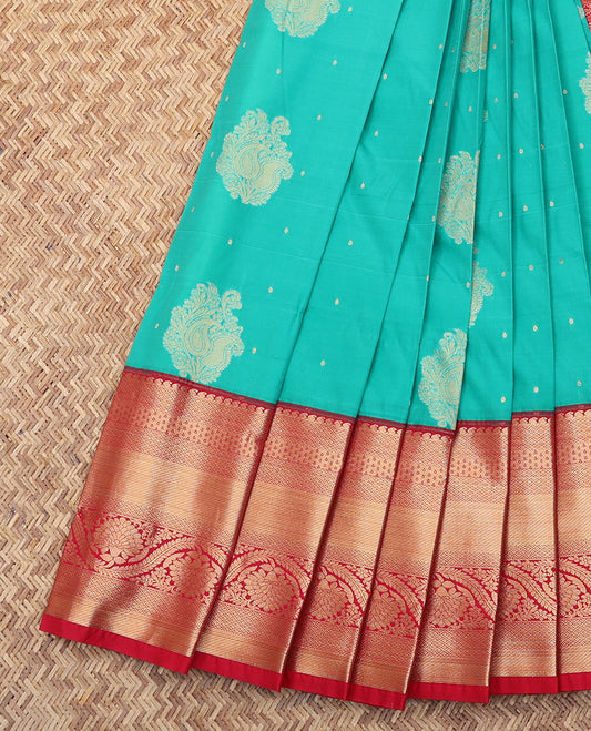Turquoise Budget Silk Saree, Enriched with Zari Buttas, Complemented by a Contrast Traditional Border, Grand Pallu, and a Contrast Blouse