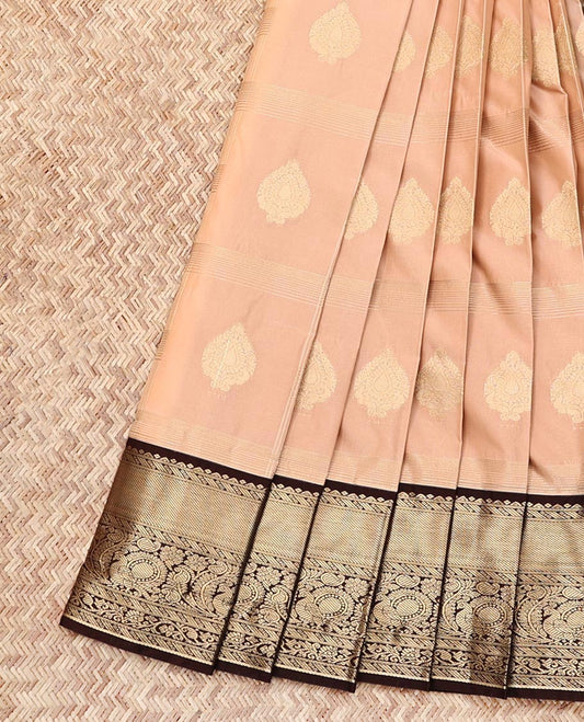 Peach Budget Silk Saree, Sparsely Threaded with Zari Buttas, Complemented by a Contrast Traditional Zari Border, Grand Pallu, and a Contrast Blouse
