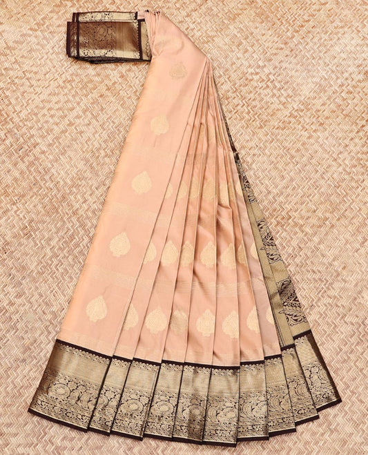 Peach Budget Silk Saree, Sparsely Threaded with Zari Buttas, Complemented by a Contrast Traditional Zari Border, Grand Pallu, and a Contrast Blouse