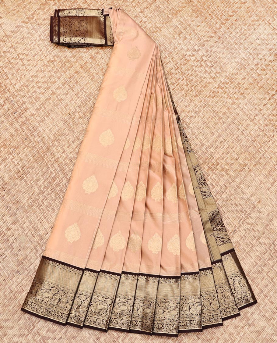 Peach Budget Silk Saree, Sparsely Threaded with Zari Buttas, Complemented by a Contrast Traditional Zari Border, Grand Pallu, and a Contrast Blouse