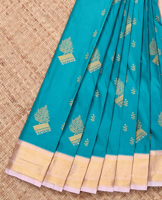 Blue Budget Silk Saree, Woven with Zari Buttas, Complemented by a Contrast Traditional Zari Border, Grand Pallu, and a Contrast Blouse