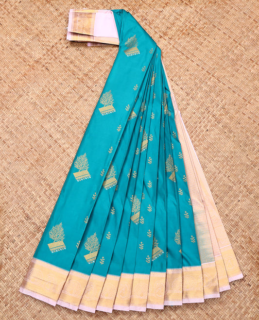 Blue Budget Silk Saree, Woven with Zari Buttas, Complemented by a Contrast Traditional Zari Border, Grand Pallu, and a Contrast Blouse