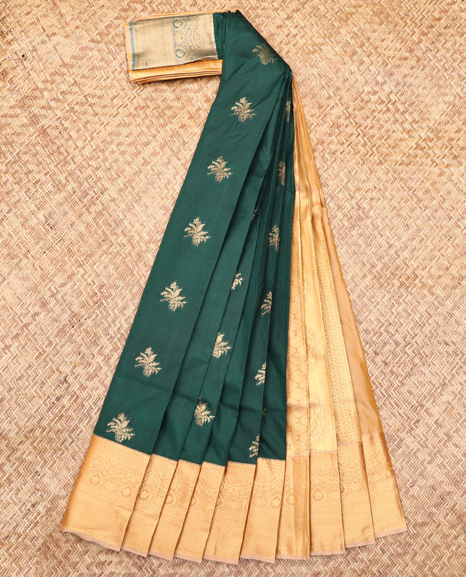 Green Budget Silk Saree, Woven with Zari Buttas, Complemented by a Contrast Traditional Zari Border, Intricate Pallu, and a Contrast Blouse