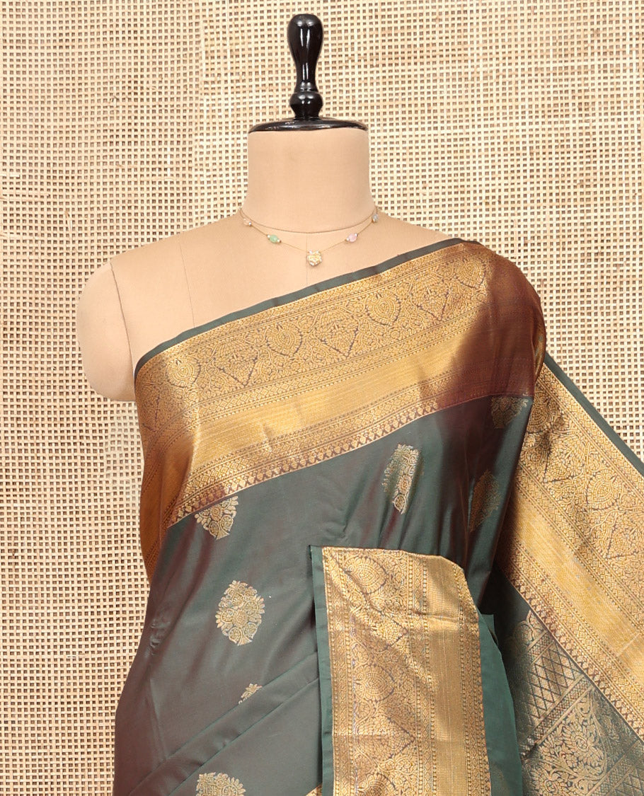 Green Budget Silk Saree, Featuring Zari Buttas, Highlighted by Traditional Zari Border, Pallu of Jaal Designs, and Matching Blouse