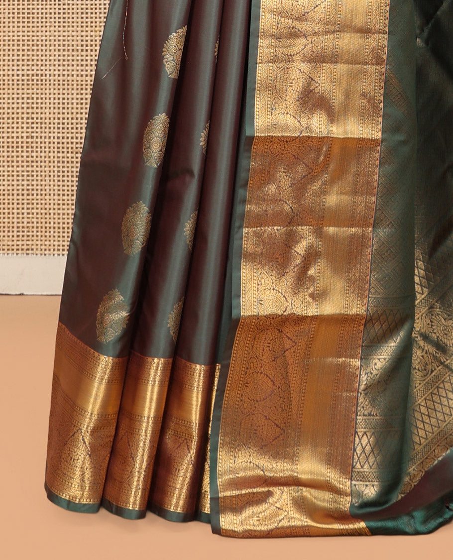Green Budget Silk Saree, Featuring Zari Buttas, Highlighted by Traditional Zari Border, Pallu of Jaal Designs, and Matching Blouse