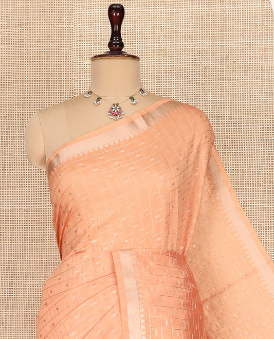 Orange Assam Silk Saree Decorated with Zari Butta Enclosed Checks on Its Body, Highlighted by a  Traditional Temple Border, Sparkling Pallu of Zari Designs, and Paired with a Contrast Blouse