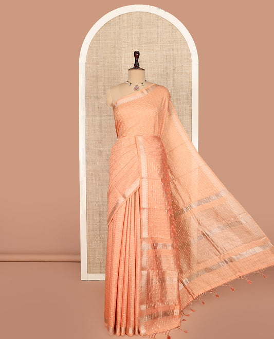 Orange Assam Silk Saree Decorated with Zari Butta Enclosed Checks on Its Body, Highlighted by a  Traditional Temple Border, Sparkling Pallu of Zari Designs, and Paired with a Contrast Blouse