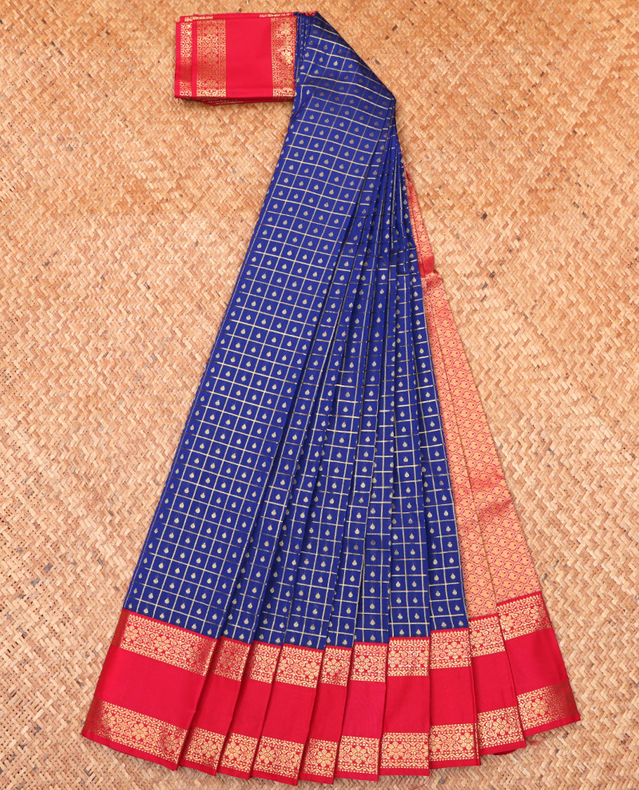 Blue Budget Silk Saree, Graced with Zari Butta Enclosed Checks On Its Body, Complemented by Contrast Traditional Zari Designs Woven Rettai Pettu Border, Grand Jaal Pallu and Paired with a Contrast
