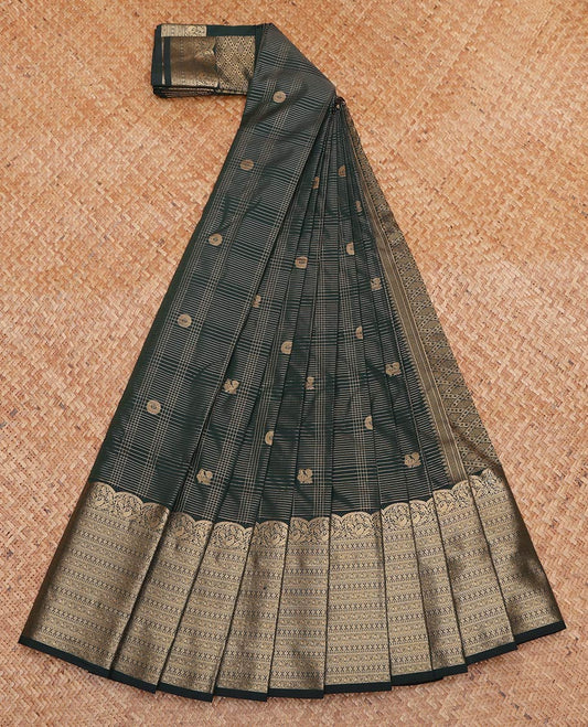 Dark Green Budget Silk Saree, Opulently Embellished with Zari Buttas and Checks On Its Body, Highlighted by Traditional Zari Designs Woven Border, Grand Pallu and Paired with a Matching Blouse