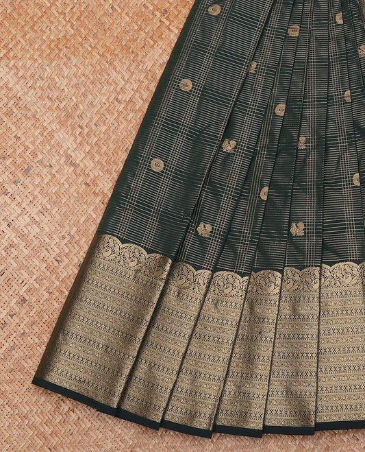 Dark Green Budget Silk Saree, Opulently Embellished with Zari Buttas and Checks On Its Body, Highlighted by Traditional Zari Designs Woven Border, Grand Pallu and Paired with a Matching Blouse