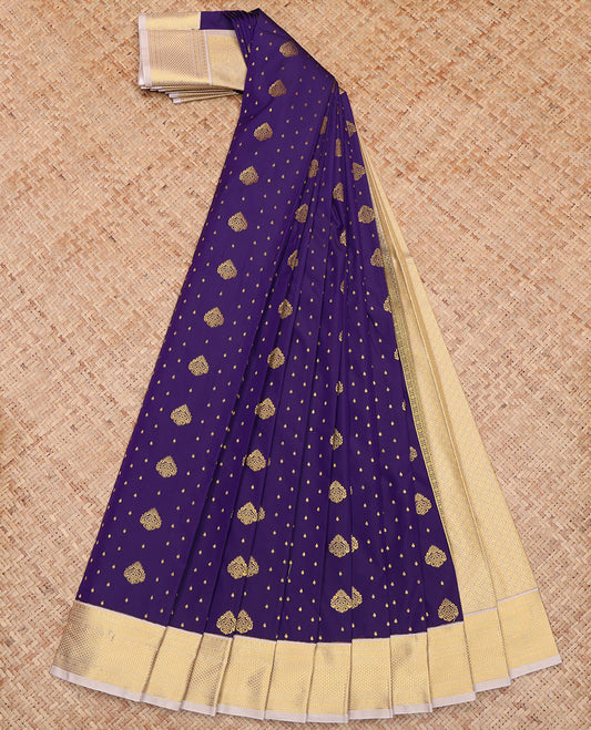 Violet Budget Silk Saree, Beautified with Zari Buttas All Over Its Body, Complemented by a Contrast Traditional Zari Design Border, a Gleaming Jaal Pallu, and Paired with a Contrast Blouse