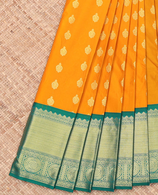 Yellow Budget Silk Saree, Embellished with Zari Buttas on Its Body, Complemented by a Contrast Traditional Zari Border of Chakram Designs, Jaal-Patterned Designs, and Paired with a Contrast Blouse