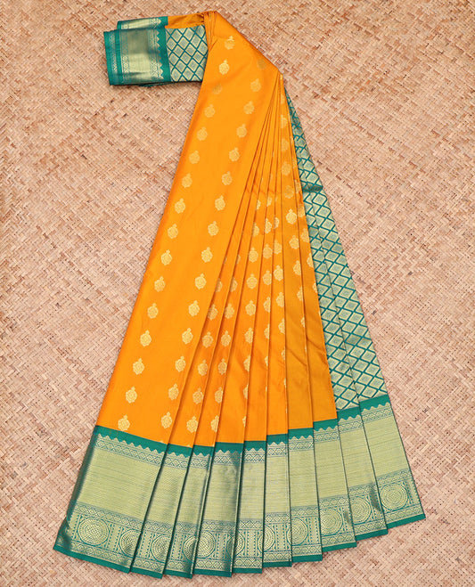 Yellow Budget Silk Saree, Embellished with Zari Buttas on Its Body, Complemented by a Contrast Traditional Zari Border of Chakram Designs, Jaal-Patterned Designs, and Paired with a Contrast Blouse