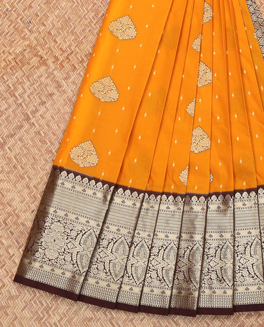Orange Budget Silk Saree, Beautifully Bedecked with Zari Buttas All Over Its Body, Complemented by a Contrast Traditional Zari Design Border, Grand Jaal Pallu, and Paired with a Contrast Blouse