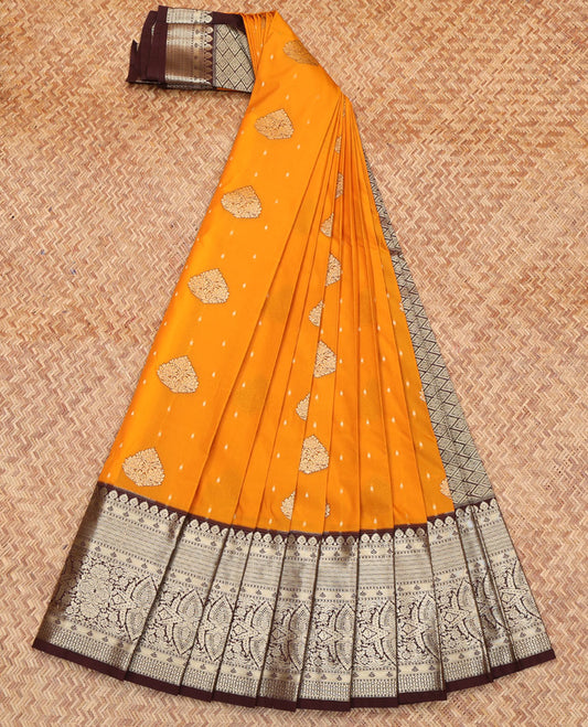 Orange Budget Silk Saree, Beautifully Bedecked with Zari Buttas All Over Its Body, Complemented by a Contrast Traditional Zari Design Border, Grand Jaal Pallu, and Paired with a Contrast Blouse