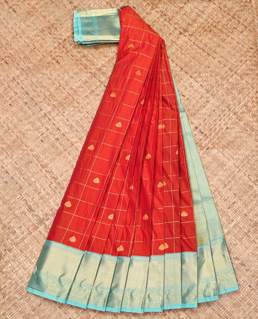Red Budget Silk Saree, Woven with Butta Enclosed Checks All Over Its Body, Complemented by a Contrast Traditional Zari Design Border, Grand Pallu, and Paired with a Contrast Blouse
