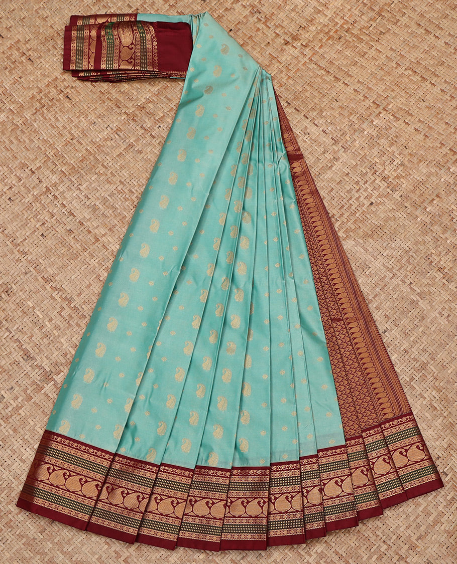 Blue Budget Silk Saree, Subtly Sparkled with Zari Buttas All Over Its Body, Complemented by a Contrast Traditional Zari Design Border, Grand Chevron Design Pallu, and Paired with a Contrast Blouse