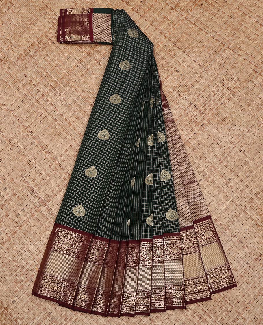 Green Budget Silk Saree, Detailed with Zari Buttas and Zari Checks on Its Body, Complemented by a Contrast Traditional Zari Design Border, Grand Jaal Pallu, and Paired with a Contrast Blouse