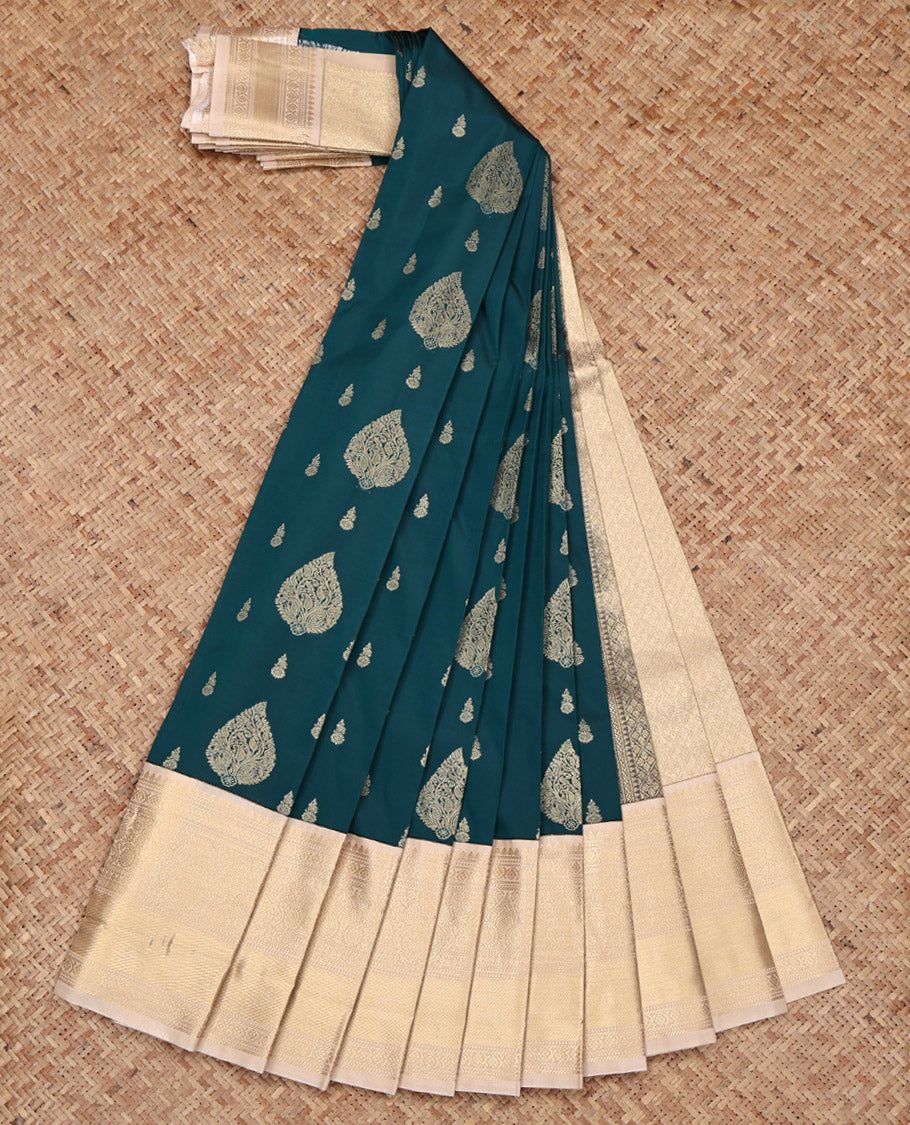 Blue Budget Silk Saree, Prettified with Zari Buttas on Its Body, Complemented by a Contrast Traditional Zari Design Border, Subtly Sparkled Pallu, and Paired with a Contrast Blouse