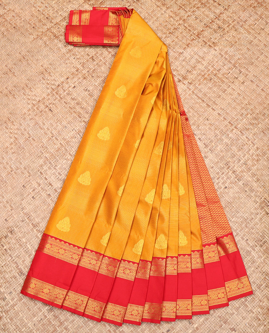 Orange Budget Silk Saree, Beautified with Zari Buttas and Stripes, Complemented by a Contrast Traditional Zari Design Rettai Pettu Border, Grand Pallu, and a Contrast Blouse
