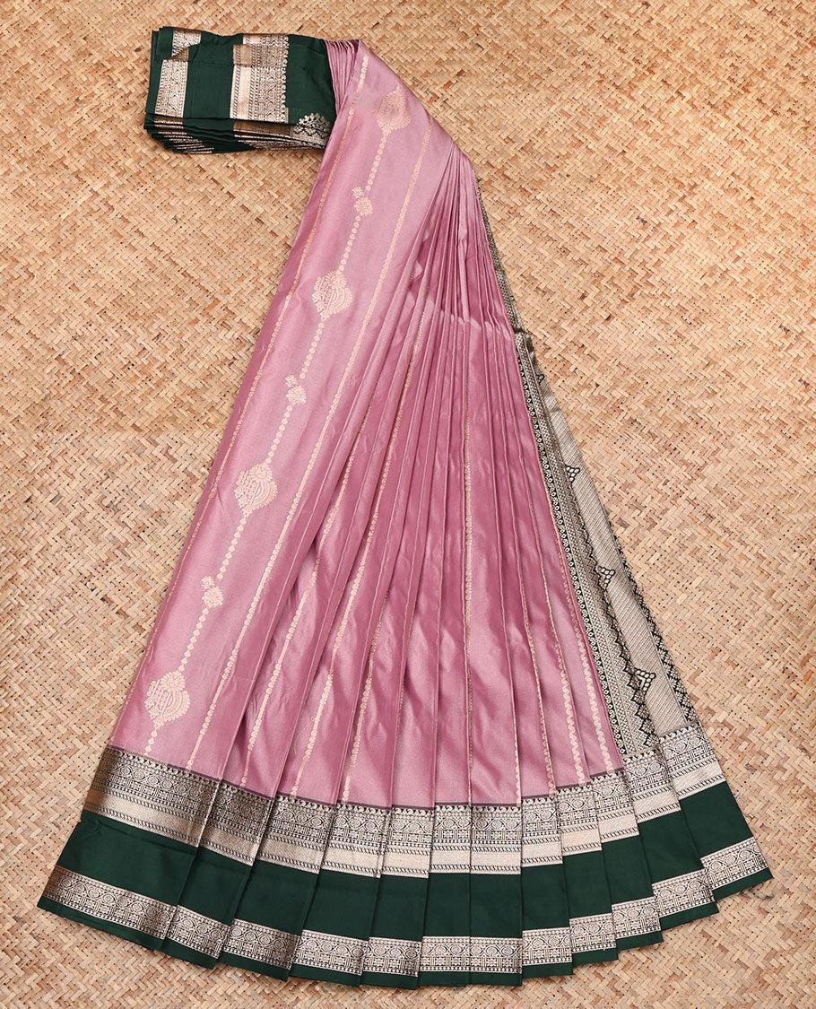 Pink Budget Silk Saree, Detailed with Zari Buttas, Complemented by a Contrast Traditional Zari Rettai Pettu Border, Pallu of Intricate Designs, and a Contrast Blouse