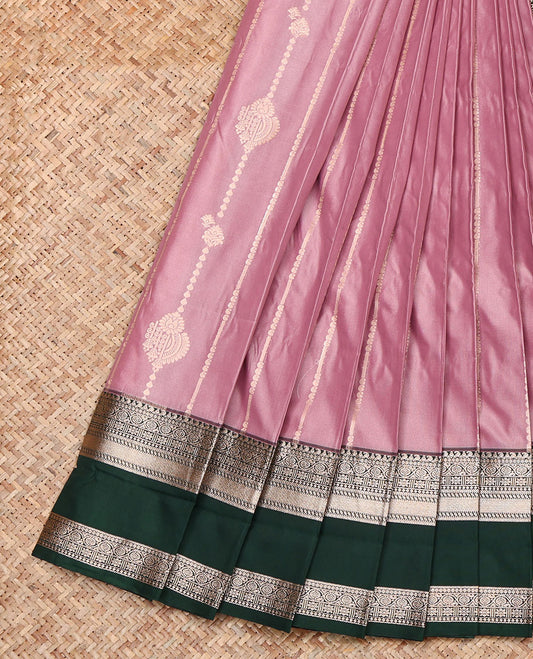 Pink Budget Silk Saree, Detailed with Zari Buttas, Complemented by a Contrast Traditional Zari Rettai Pettu Border, Pallu of Intricate Designs, and a Contrast Blouse