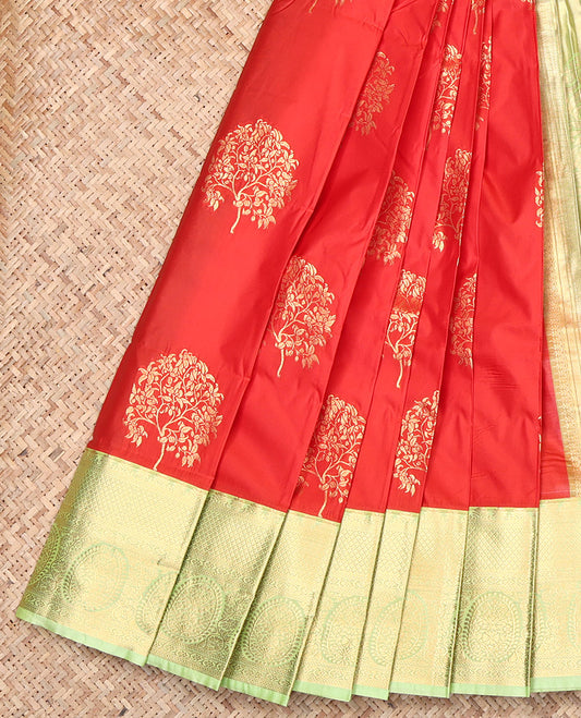 Orange Budget Silk Saree, Detailed with Zari Buttas, Contrast Traditional Zari Border, Grand Pallu, and a Contrast Blouse