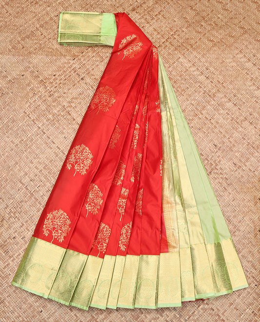 Orange Budget Silk Saree, Detailed with Zari Buttas, Contrast Traditional Zari Border, Grand Pallu, and a Contrast Blouse