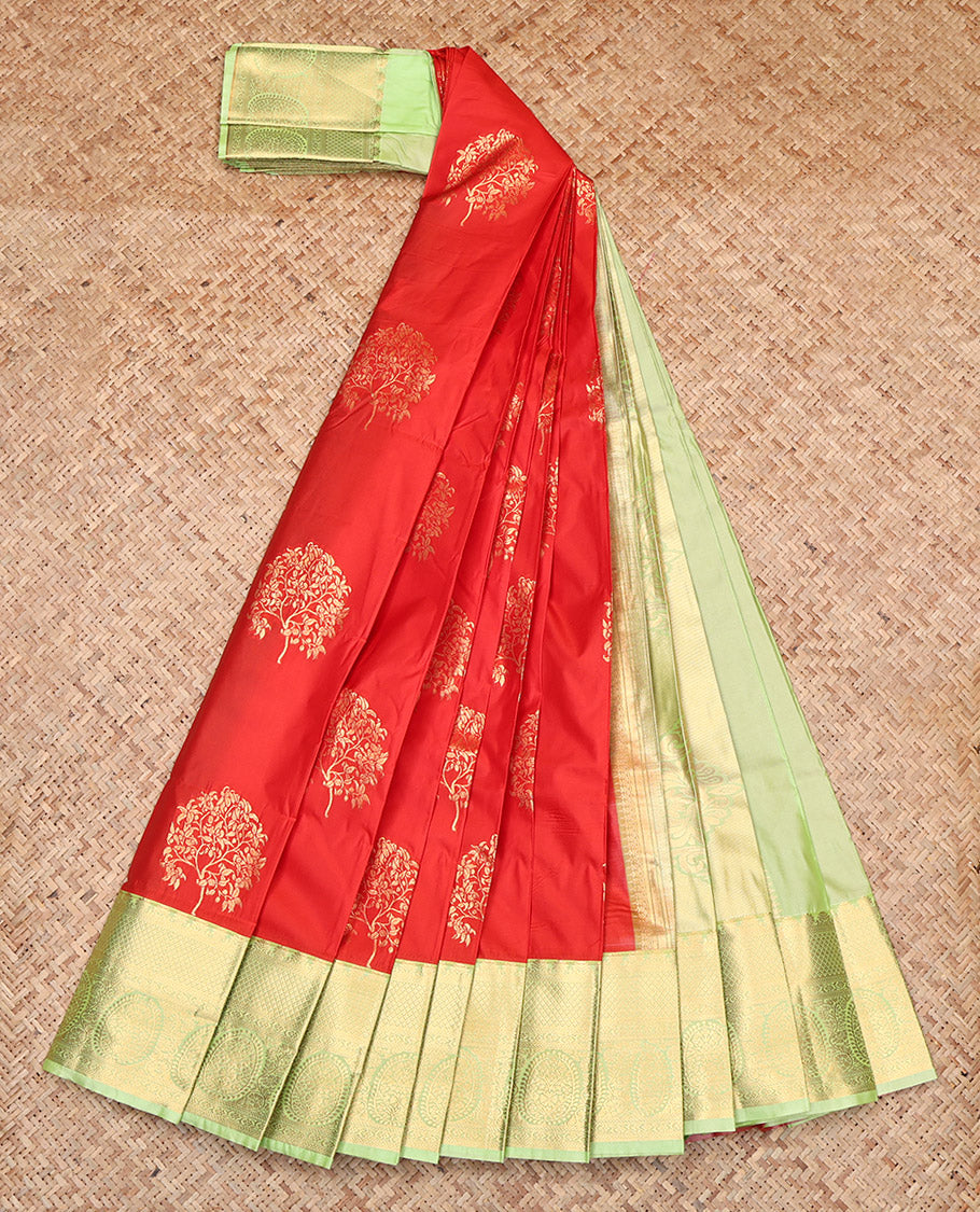 Orange Budget Silk Saree, Detailed with Zari Buttas, Contrast Traditional Zari Border, Grand Pallu, and a Contrast Blouse