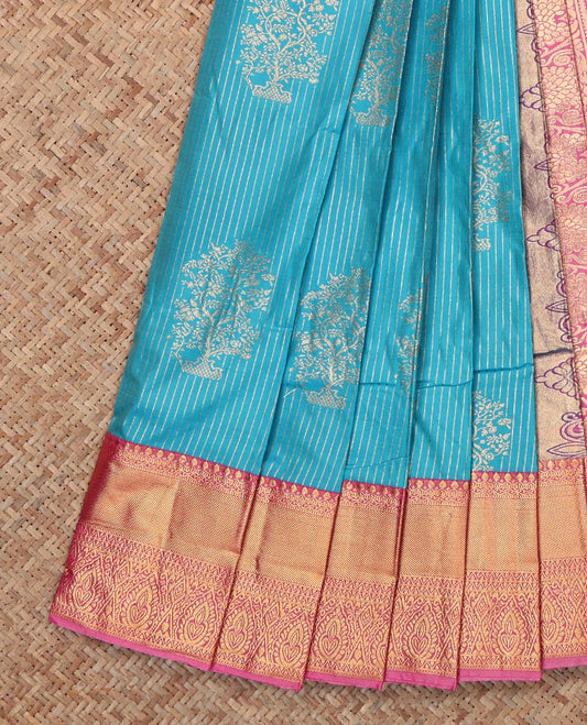 Blue Budget Silk Saree, Richly Detailed with Zari Buttas and Stripes, Complemented by Contrast Traditional Zari Border, Grand Pallu and a Contrast Blouse