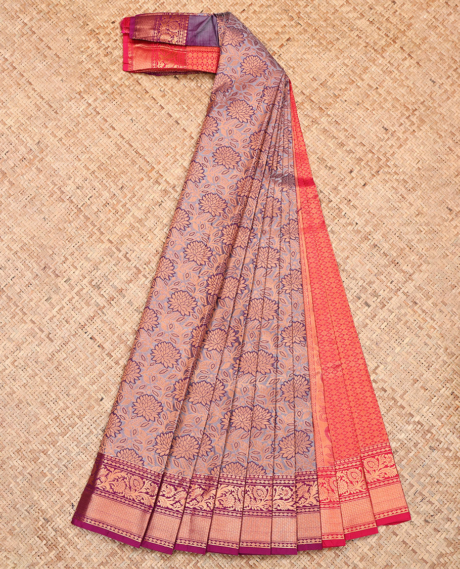 Grey Budget Silk Saree, Elegantly Highlighted with Floral Jacquard Design, Complemented by Contrast Traditional Zari Border, Grand Pallu and a Contrast Blouse