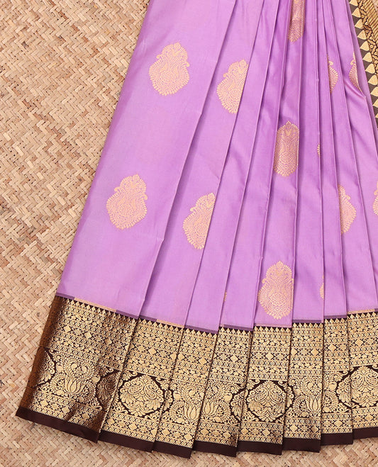 Lavender Budget Silk Saree, Decked Up with Zari Buttas, Complemented by a Contrast Traditional Zari Border, Grand Pallu, and a Contrast Blouse