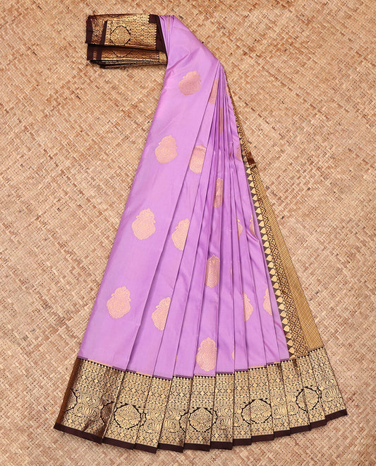 Lavender Budget Silk Saree, Decked Up with Zari Buttas, Complemented by a Contrast Traditional Zari Border, Grand Pallu, and a Contrast Blouse