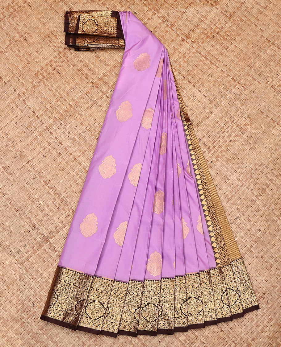 Lavender Budget Silk Saree, Decked Up with Zari Buttas, Complemented by a Contrast Traditional Zari Border, Grand Pallu, and a Contrast Blouse