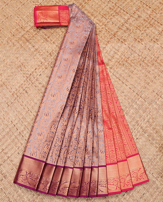 Grey Budget Silk Saree, Bedecked with Jacquard Design, Complemented by a Contrast Traditional Zari Border, Grand Pallu, and Contrast Blouse