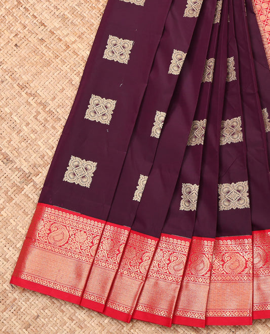Maroon Budget Silk Saree, Detailed with Zari Buttas, Complemented by a Contrast Traditional Border, Grand Pallu, and Contrast Blouse